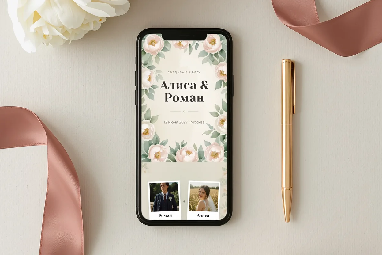 Свадебный сайт-приглашение на телефоне: шаблон «Пионы» в Weddler